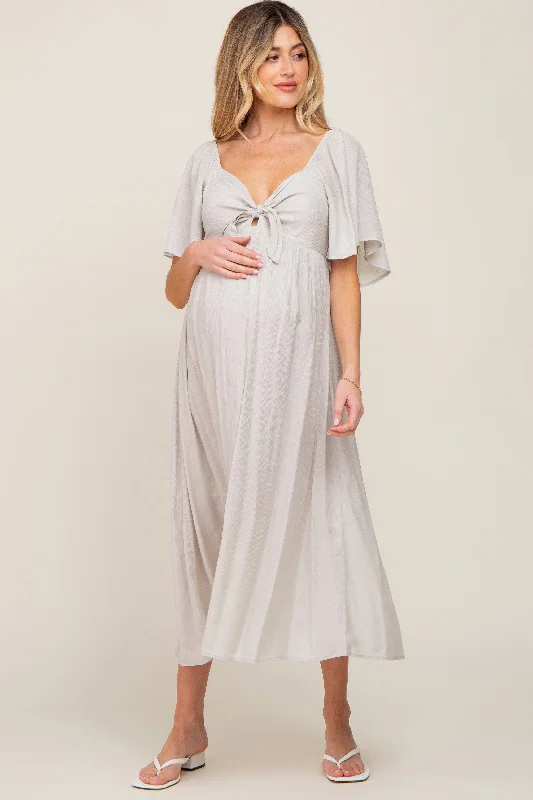 Grey Front Tie Ruffle Sleeve Maternity Midi Dress