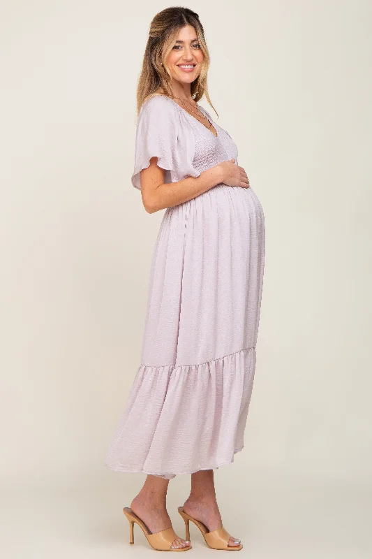 Grey Lavender Satin Smocked Maternity Midi Dress