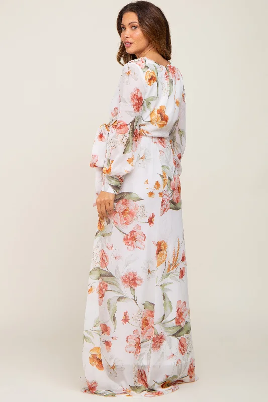 Ivory Floral Chiffon Long Sleeve Maternity Maxi Dress