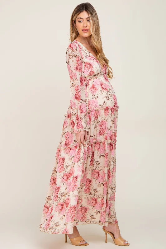 Ivory Floral Chiffon Ruffle Tiered Maternity Maxi Dress