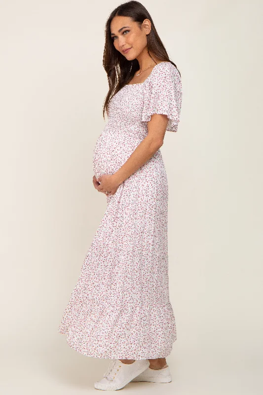 Ivory Floral Smocked Flounce Sleeve Maternity Maxi Dress