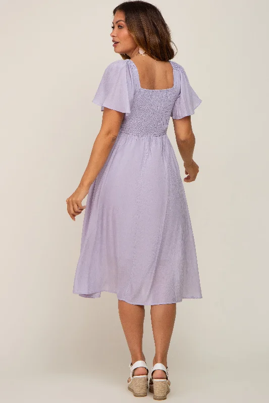 Lavender Smocked Square Neck Flutter Short Sleeve Maternity Midi Dress