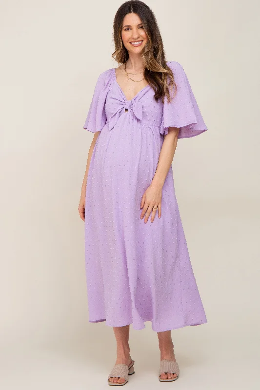 Lavender Textured Dot Front Tie Ruffle Sleeve Maternity Midi Dress