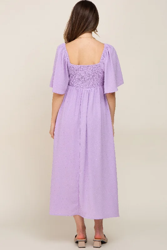 Lavender Textured Dot Front Tie Ruffle Sleeve Maternity Midi Dress