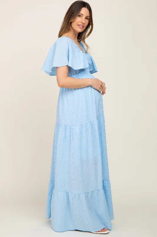 Light Blue Crepe Flounce Sleeve Tiered Maternity Maxi Dress