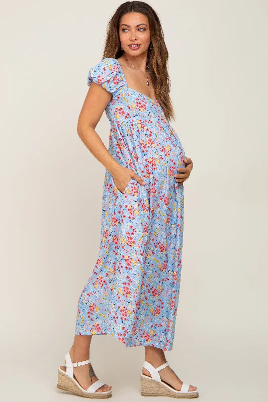 Light Blue Floral Back Cutout Maternity Midi Dress