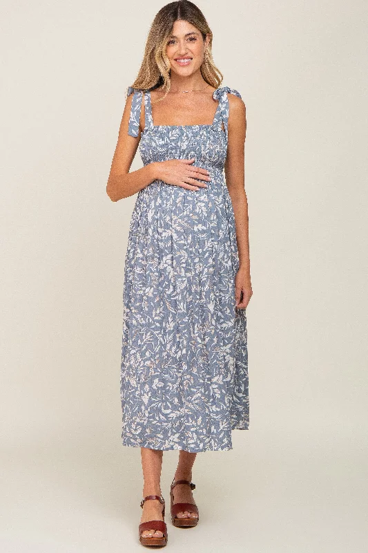 Light Blue Floral Smocked Shoulder Tie Maternity Midi Dress