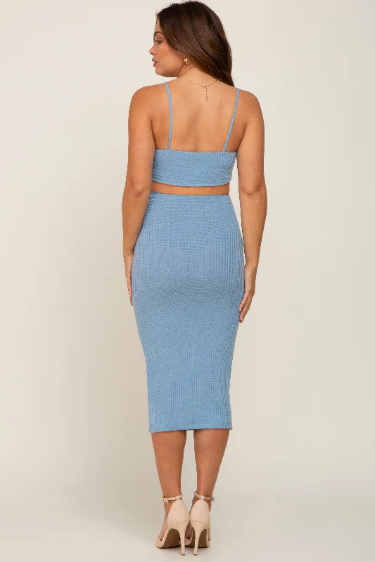 Light Blue Ribbed Side Cut Out Maternity Midi Dress