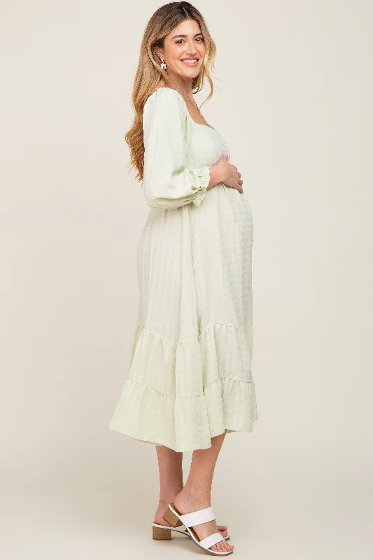 Light Green Striped 3/4 Cinched Sleeve Tiered Maternity Midi Dress