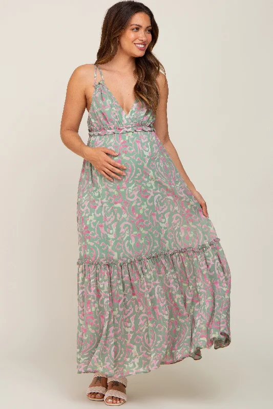 Light Olive Chiffon V-Neck Ruffle Tiered Maternity Maxi Dress