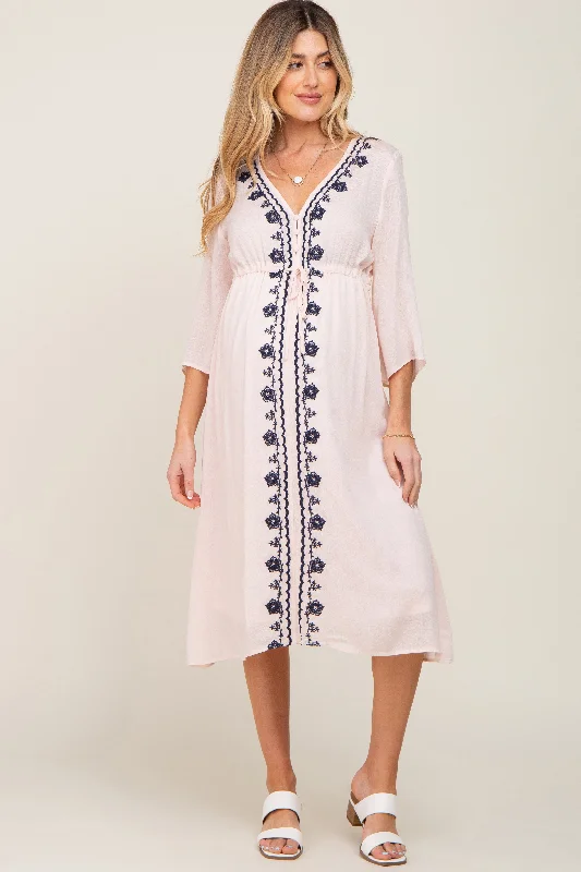 Light Pink Floral Embroidered 3/4 Sleeve Maternity Midi Dress