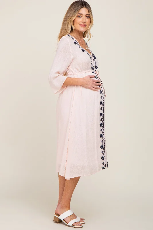 Light Pink Floral Embroidered 3/4 Sleeve Maternity Midi Dress