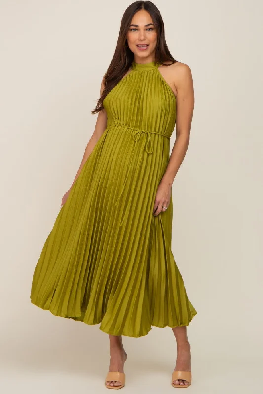 Lime Pleated Maternity Halter Dress