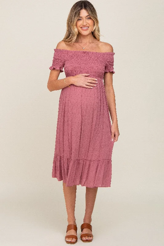 Mauve Off Shoulder Smocked Maternity Midi Dress