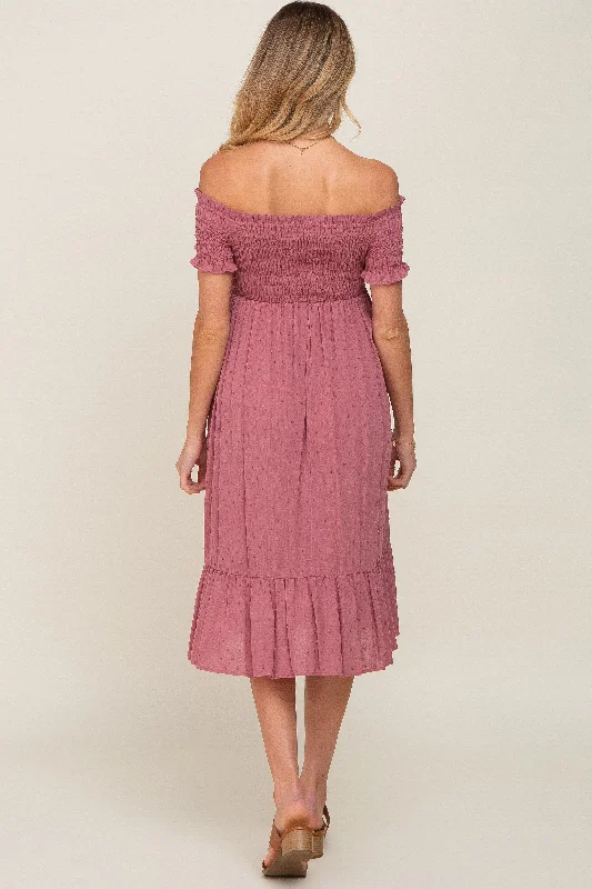 Mauve Off Shoulder Smocked Maternity Midi Dress