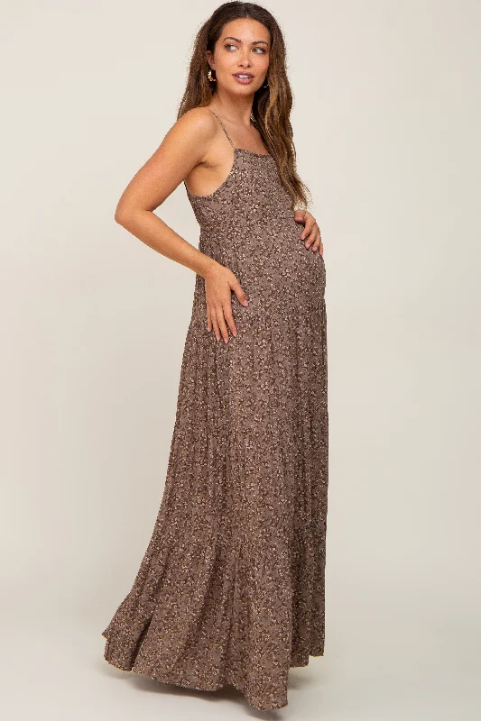 Mocha Floral Tiered Maternity Maxi Dress