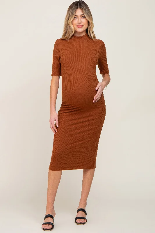 Mocha Ribbed Mock Neck Maternity Midi Dress