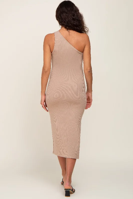 Mocha Ribbed One Shoulder Side Slit Maternity Midi Dress