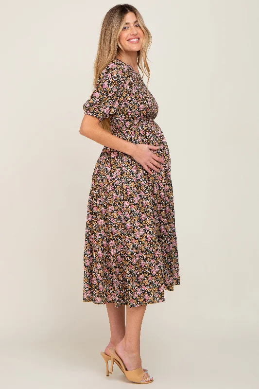 Multi-Color Floral Smocked Tiered Maternity Midi Dress