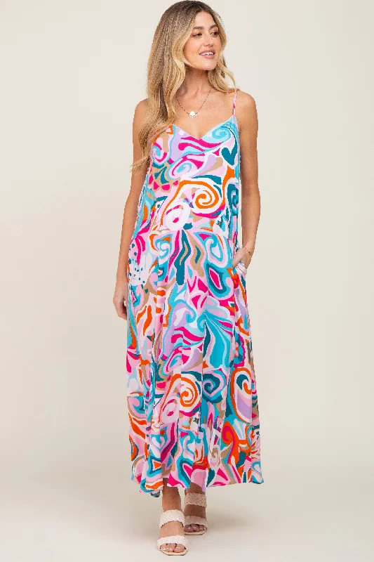 Multi-Color Sleeveless V-Neck Maternity Maxi Dress