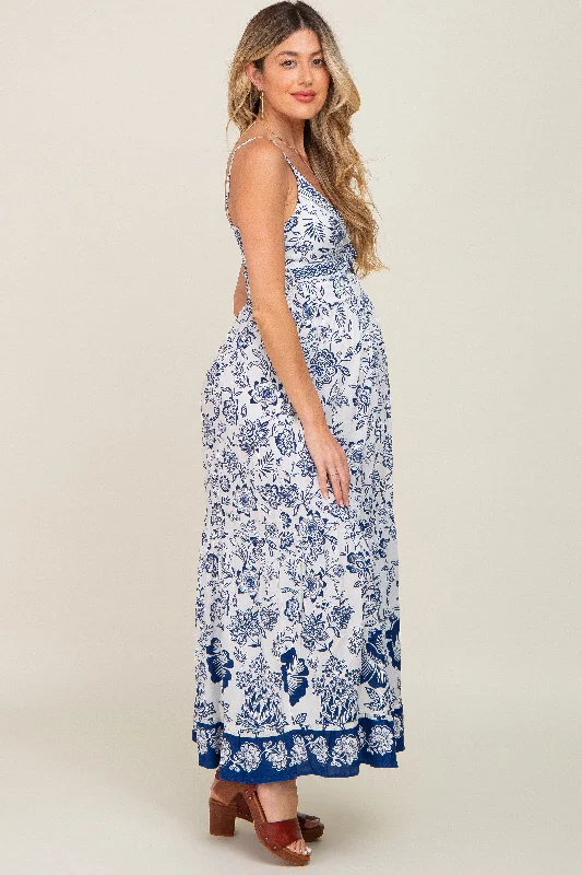 Navy Blue Floral Front Twist Maternity Maxi Dress