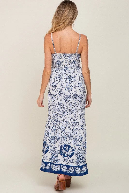 Navy Blue Floral Front Twist Maternity Maxi Dress