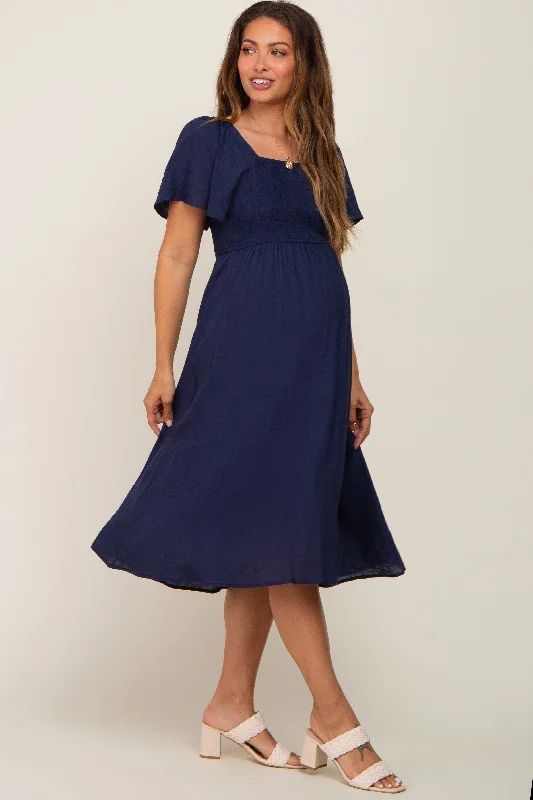 Navy Blue Smocked Square Neck Flutter Short Sleeve Maternity Midi Dress