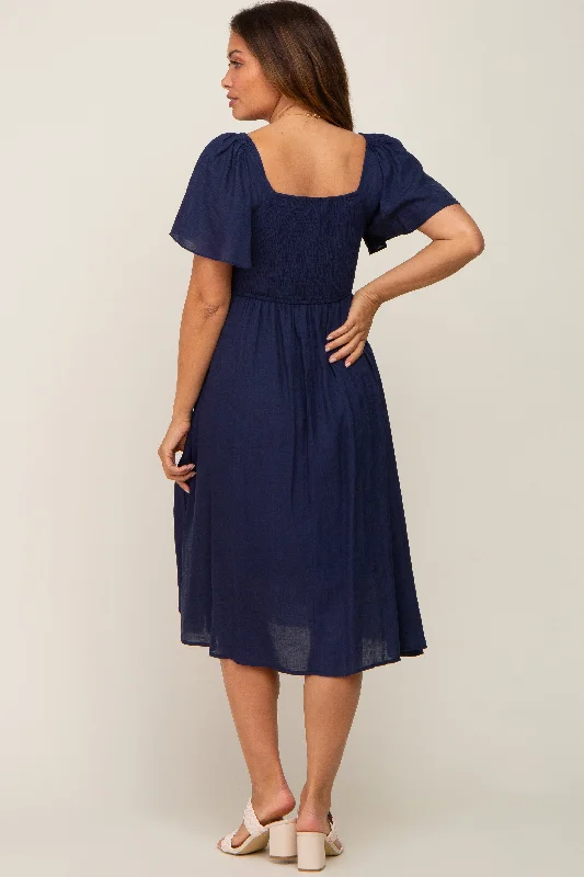 Navy Blue Smocked Square Neck Flutter Short Sleeve Maternity Midi Dress