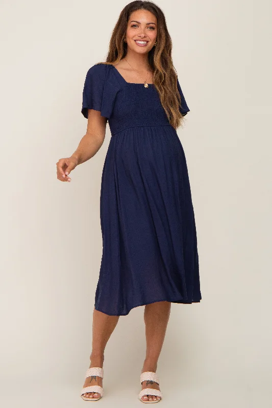 Navy Blue Smocked Square Neck Flutter Short Sleeve Maternity Midi Dress