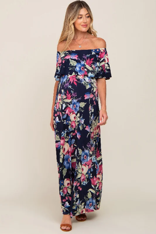 Navy Floral Off Shoulder Flounce Maternity Maxi Dress