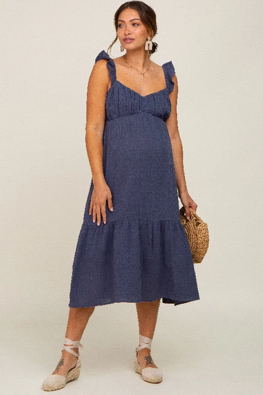 Navy Gauze Ruffle Maternity Midi Dress