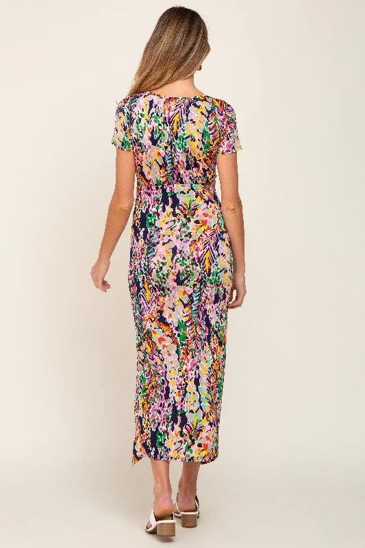 Navy Multi-Color Floral Side Slit Maternity Maxi Dress