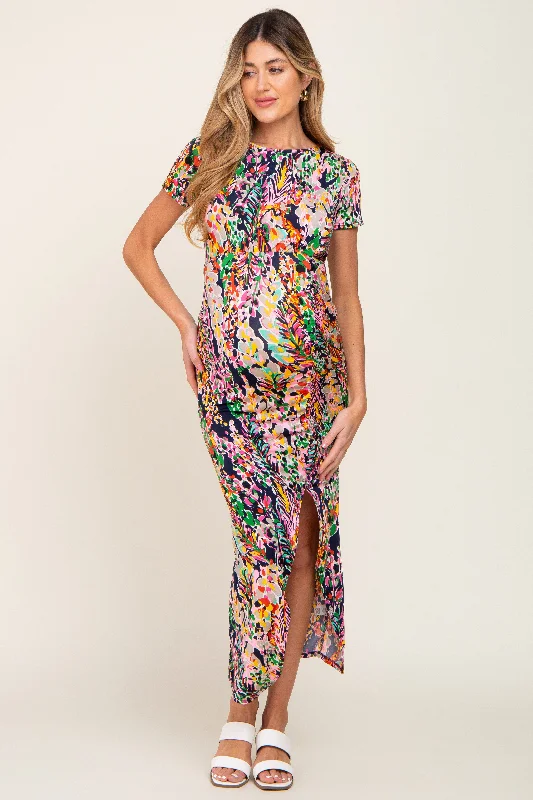 Navy Multi-Color Floral Side Slit Maternity Maxi Dress