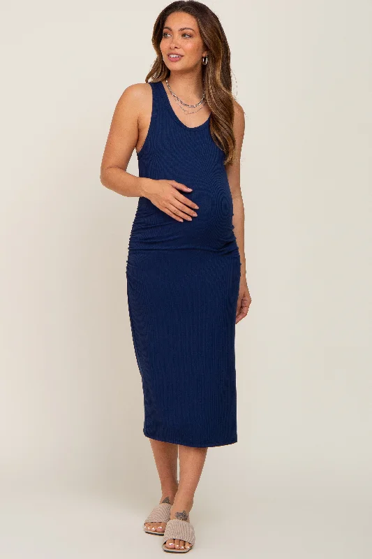 Navy Ribbed Sleeveless Ruched Side Slit Maternity Midi Dress