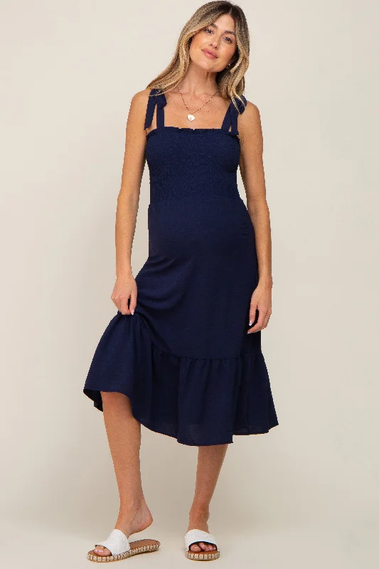 Navy Smocked Shoulder Tie Maternity Midi Dress