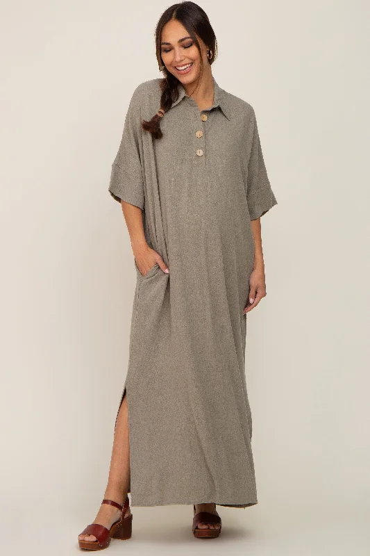 Olive Collared Linen Maternity Maxi Dress