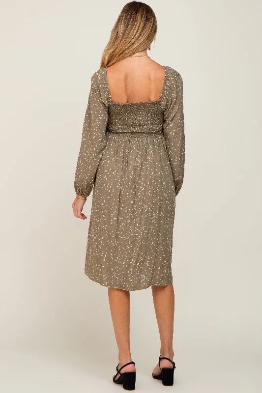 Olive Printed Long Sleeve Maternity Midi Dress