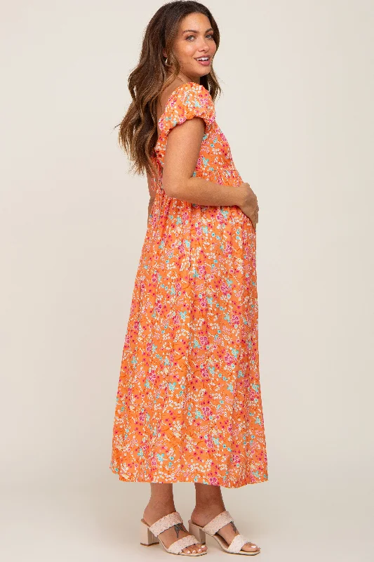 Orange Floral Back Cutout Maternity Midi Dress