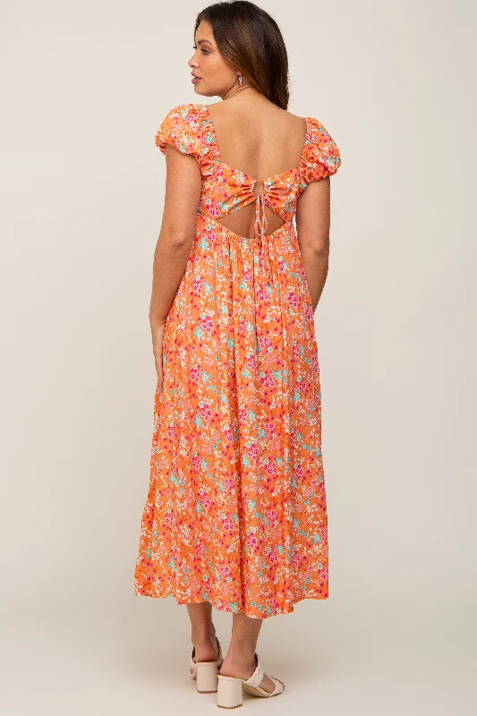 Orange Floral Back Cutout Maternity Midi Dress