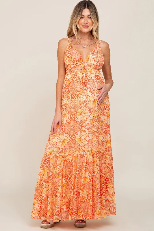 Orange Printed Halter Maternity Dress