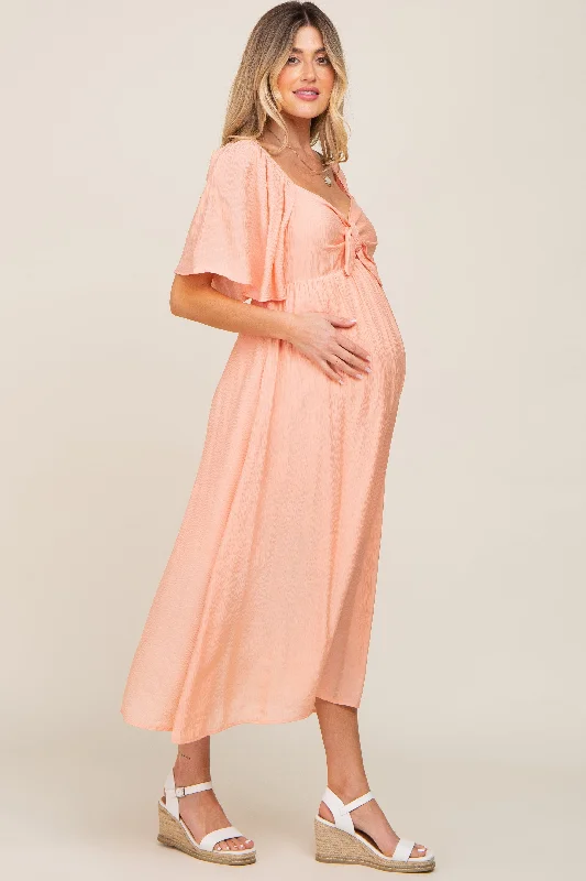 Peach Front Tie Ruffle Sleeve Maternity Midi Dress