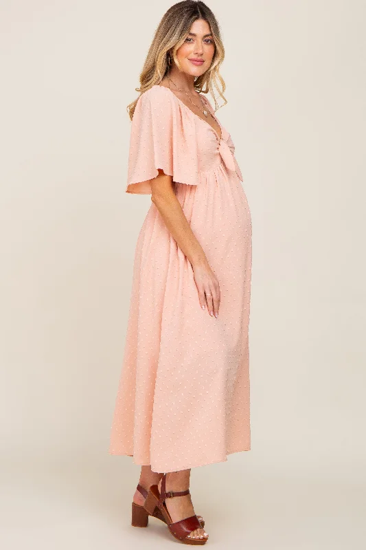 Peach Textured Dot Front Tie Ruffle Sleeve Maternity Midi Dress