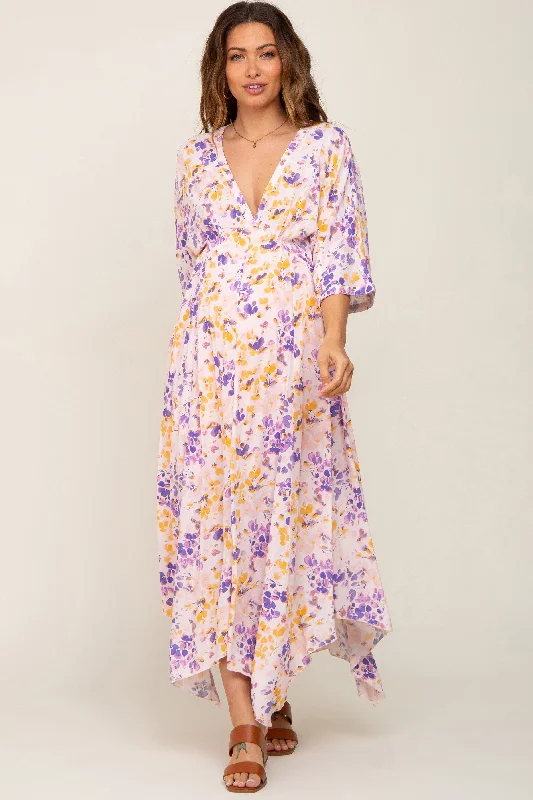 Pink Floral Flowy Short Sleeve Maternity Maxi Dress