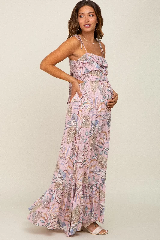 Pink Floral Ruffle Top Back Cutout Maternity Maxi Dress