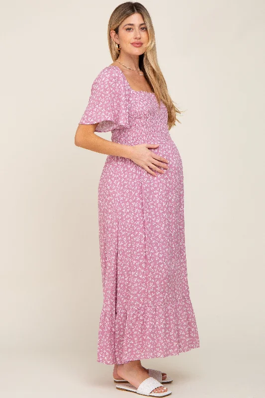 Pink Floral Smocked Maternity Midi Dress