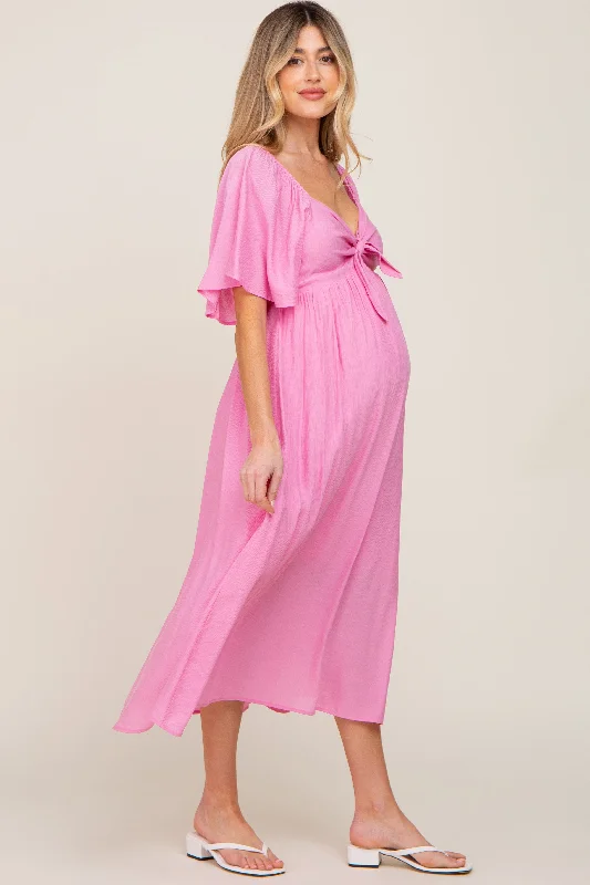 Pink Front Tie Ruffle Sleeve Maternity Midi Dress