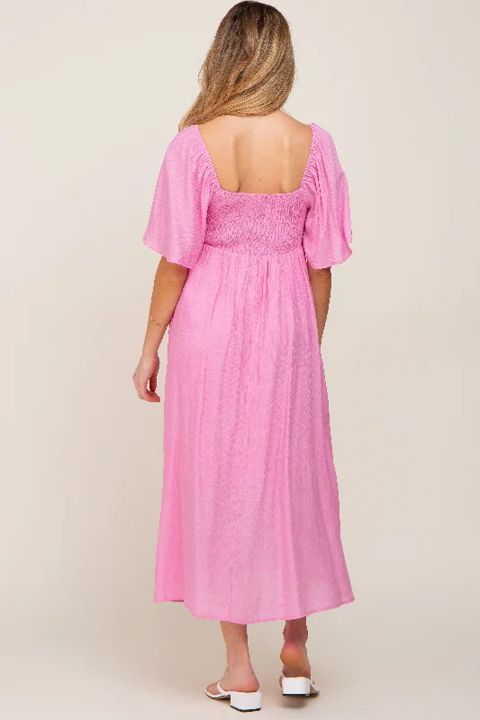 Pink Front Tie Ruffle Sleeve Maternity Midi Dress