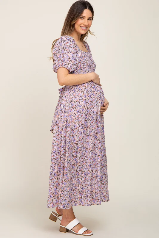 Purple Abstract Floral Smocked Maternity Midi Dress