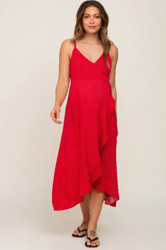 Red Animal Print Wrap Maternity Midi Dress