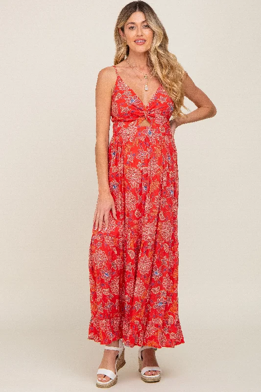 Red Floral Front Twist Maternity Maxi Dress